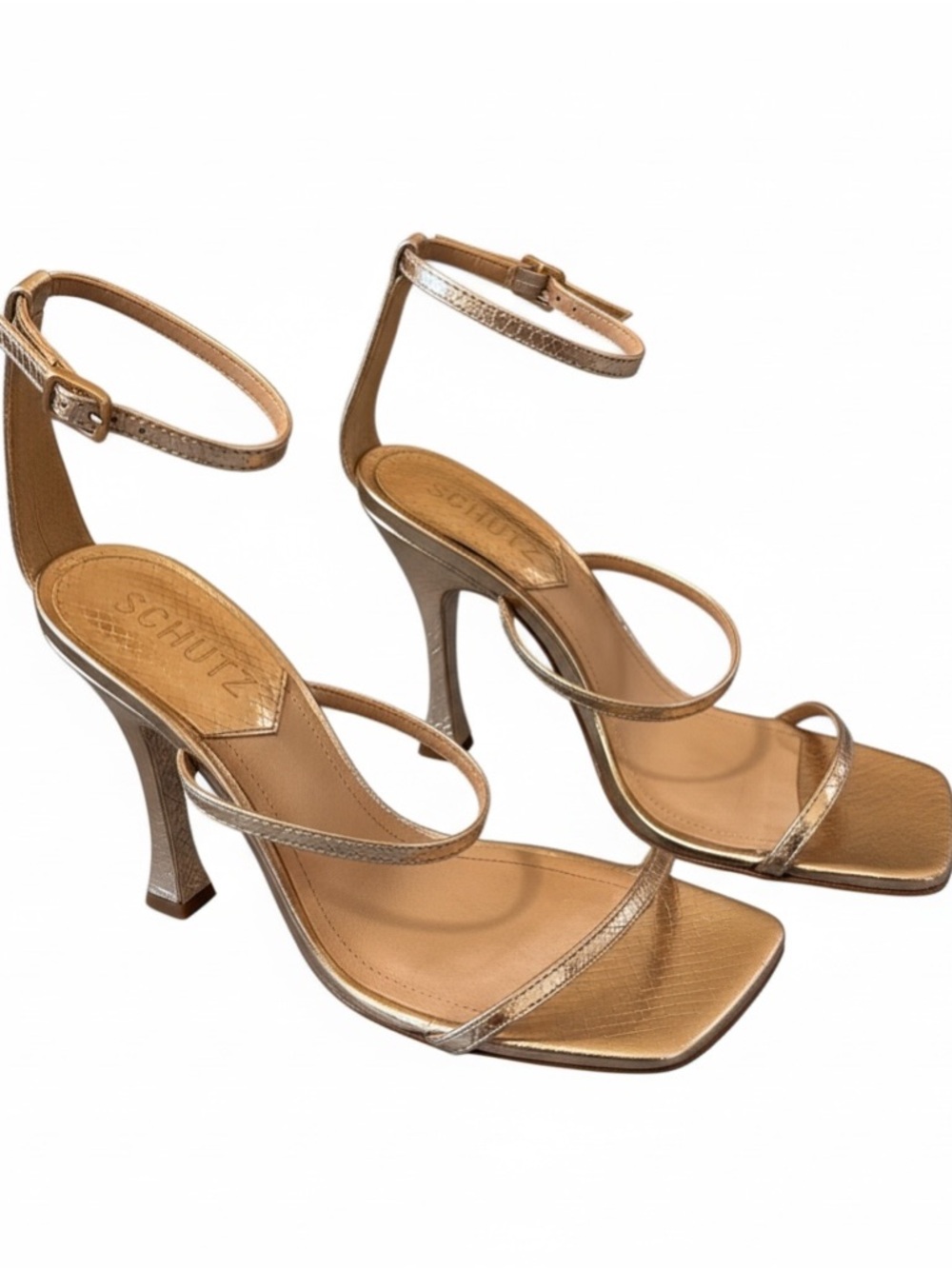 SCHUTZ Platina Gold Strappy Ankle‑Strap‎ Stiletto Heels